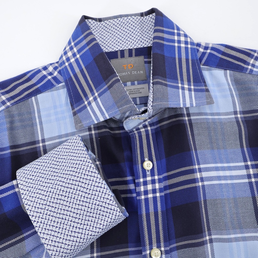 Thomas Dean Flip Cuff Pima Cotton Plaid‎ Button Down Shirt Blue Mens Size L Flaw